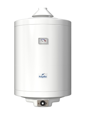 Op aardgas gestookte voorraadboiler zonder schoorsteen, inhoud 80 liter.